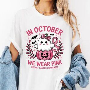 In October We Wear Pink Ghost Shirt, Breast Cancer Awareness Tee, Halloween Tee